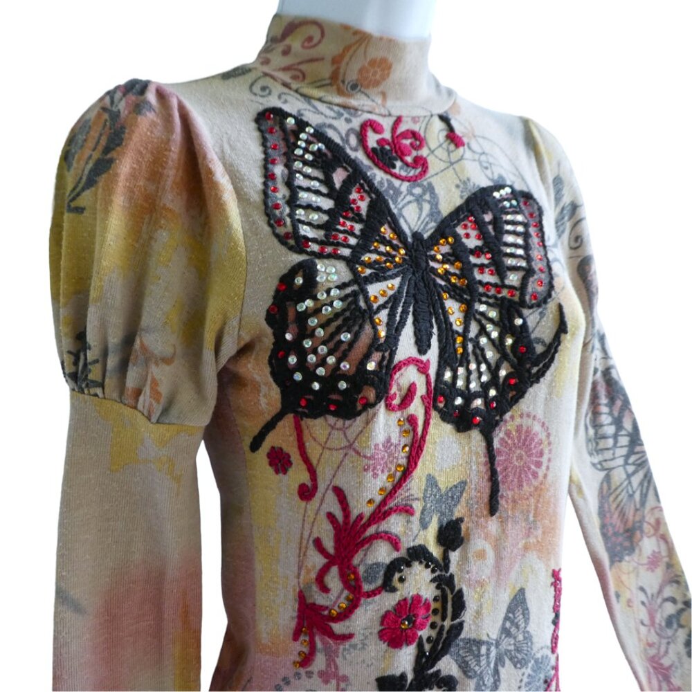 Vintage Y2K Spy Zone Exchange Pullover Top Embroidered Sequin Butterflies Mock